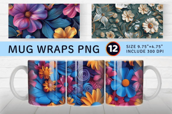 3D Boho Flowers Mug Wrap Sublimation Design